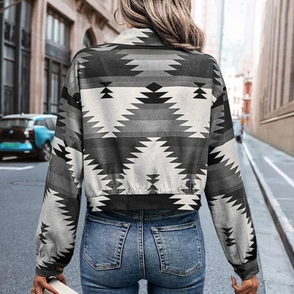 Geo Print Drop Shoulder Flap Pocket Overcoat boyfriend shacket trucker jacket - Picture 5 of 6